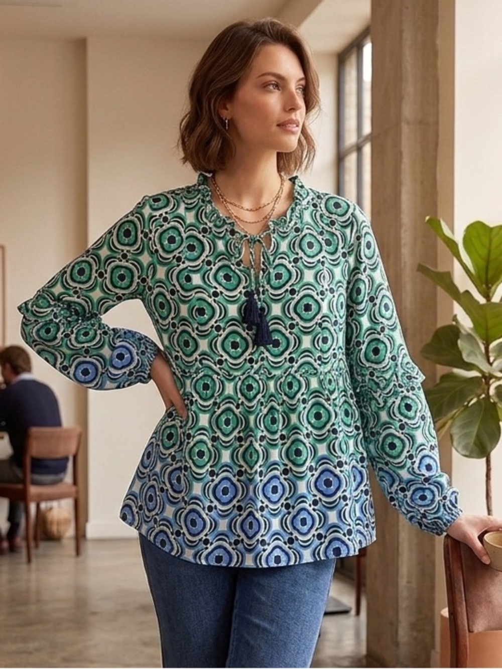 Crown & Ivy Green and Navy Geometric Tie-Neck Blouse